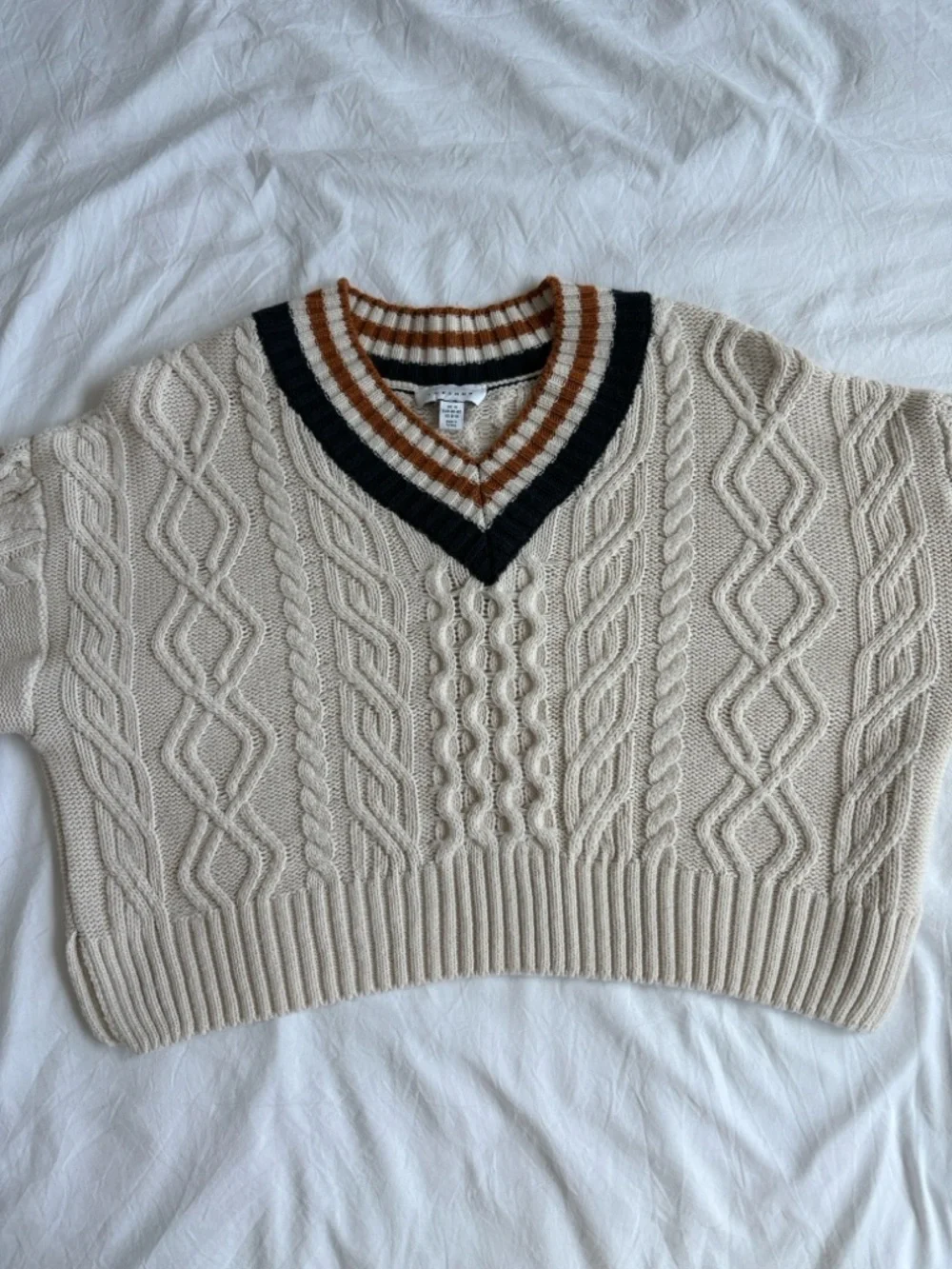 Topshop Cream Cable Knit V-Neck Sweater with Navy Blue and Orange Brown Trim - Picture 5 of 6